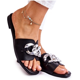 PG2 Ženske kožne papuče s ukrasnim lancem Black Maraia crna