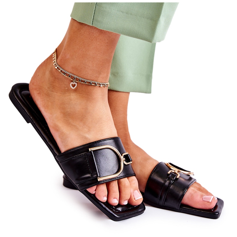 PG2 Ženske klasične kožne papuče s crnim Shilla ukrasom crno