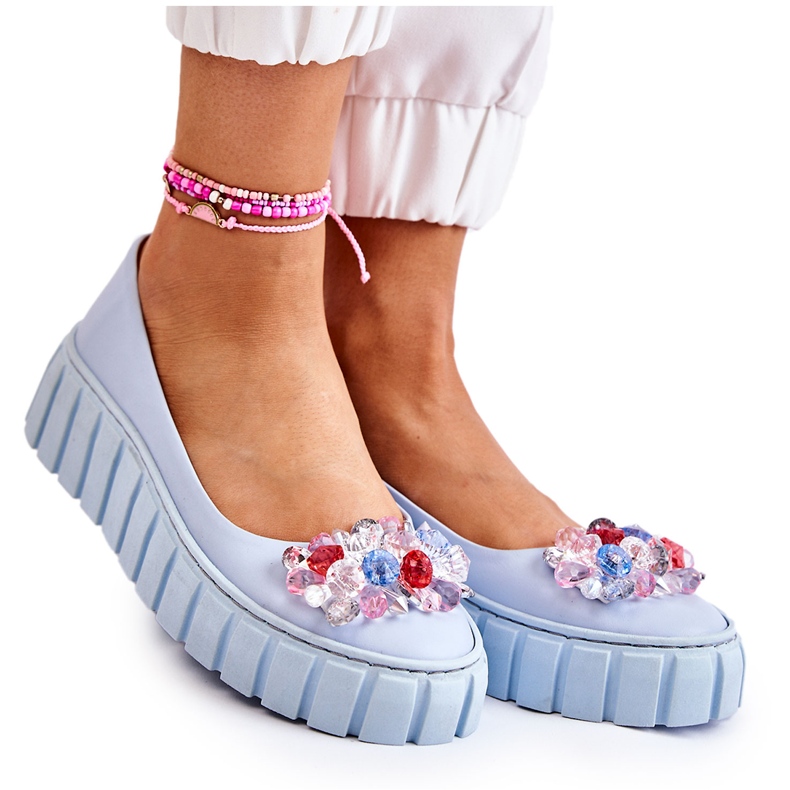 PA2 Kožne balerinke na platformu sa šarenim plavim ladette ukrasom plava