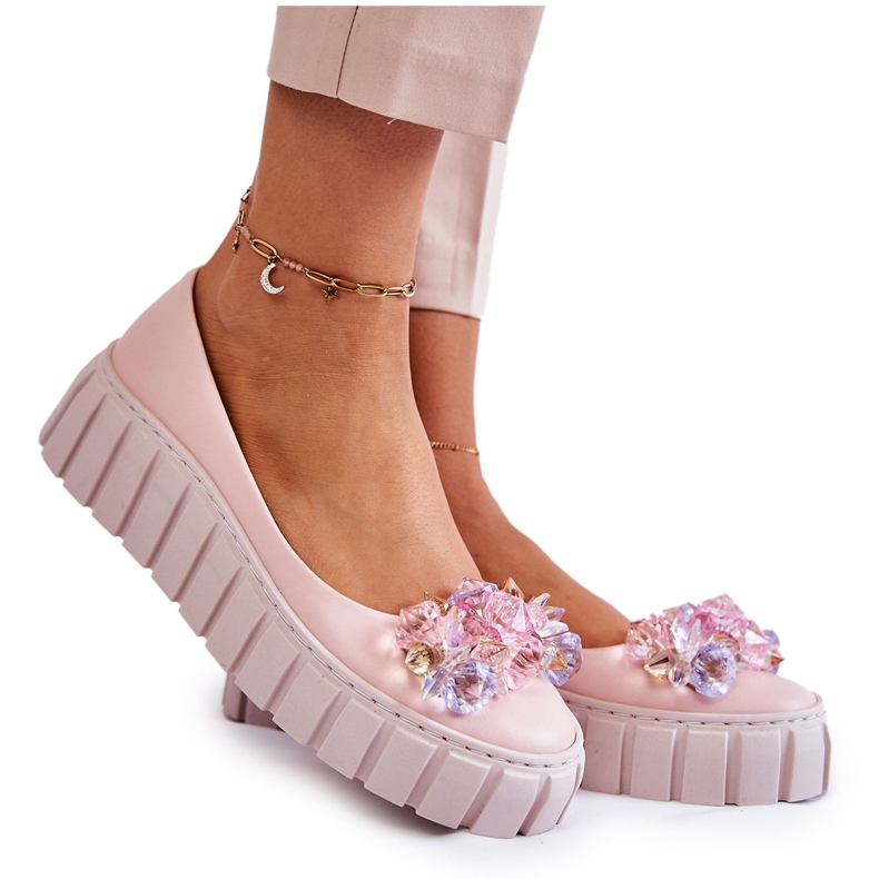 PA2 Kožne balerinke na platformu sa šarenim ružičastim ladette ukrasom ružičasta