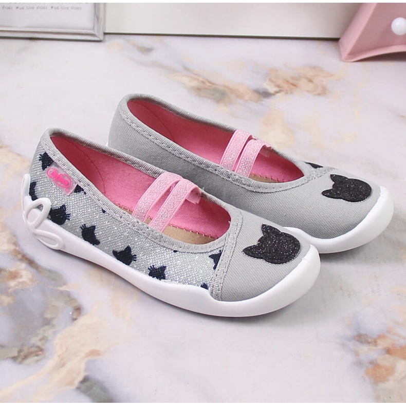 Befado Papuče za djevojčice na elastičnu traku s mačkastim natikačem na sivom Befadu siva