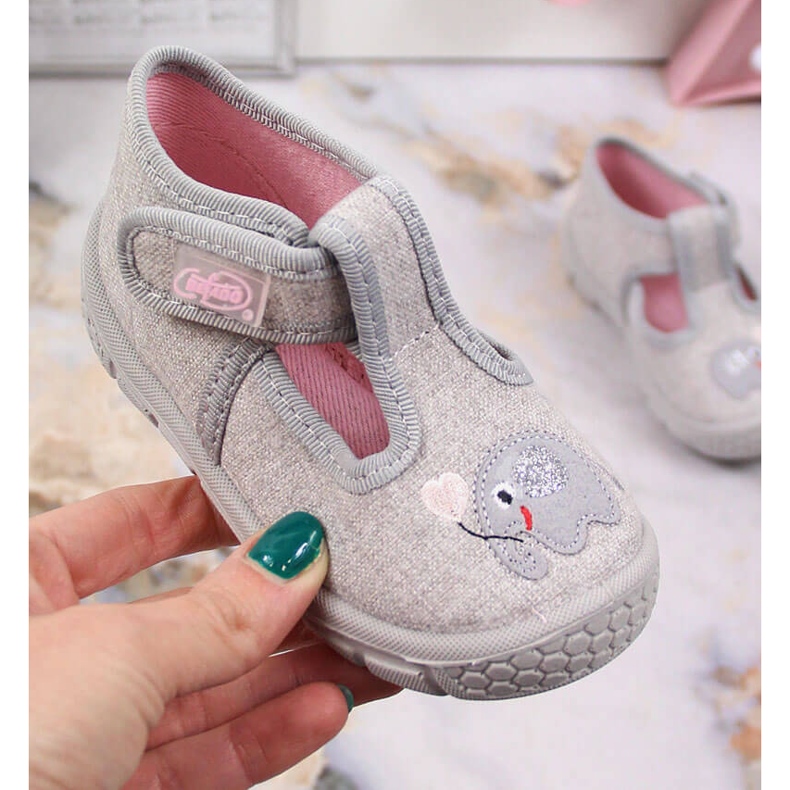 Papuče za djevojčice na čičak sive Befado sa slonom siva