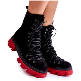 Tople radničke čizme od brušene kože vezane crne i crvene Pierro crna