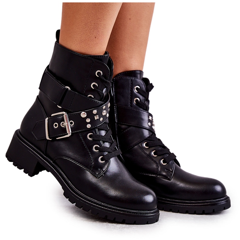 PG1 Crne Lanelly čizme od eko kože s remenom i nitnama crno