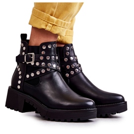 PG1 Kožne ženske čizme s ukrasnim nitnama Black Sanchez crna