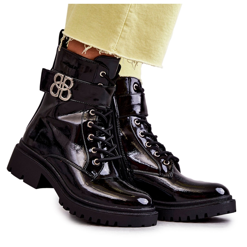 PG1 Lakirane ženske tople čizme s crnim Hayes ukrasom crno