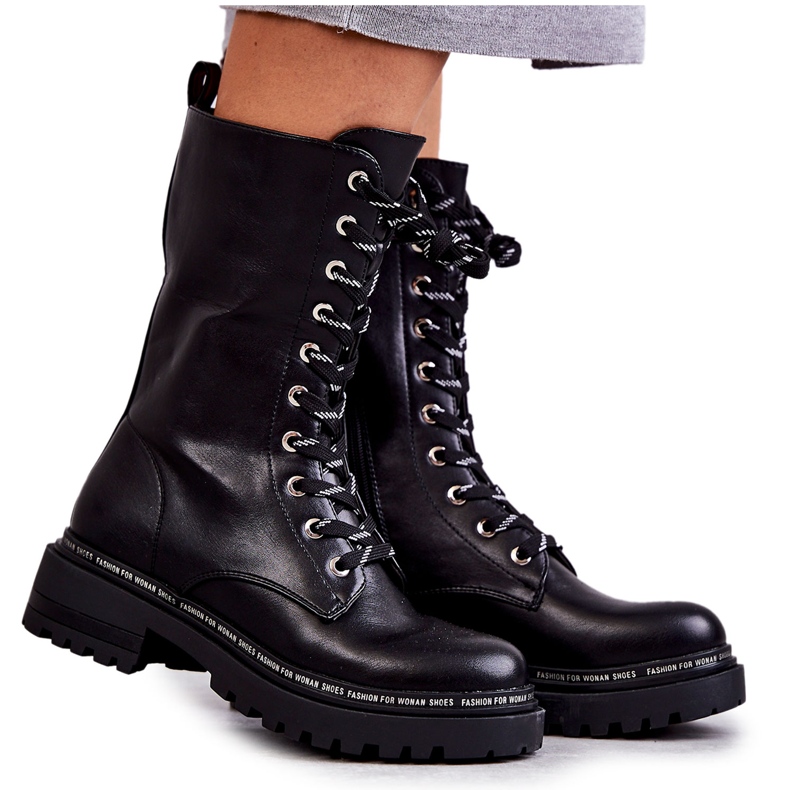 PG1 Visoke tople ženske čizme na vezanje crne Darla crno