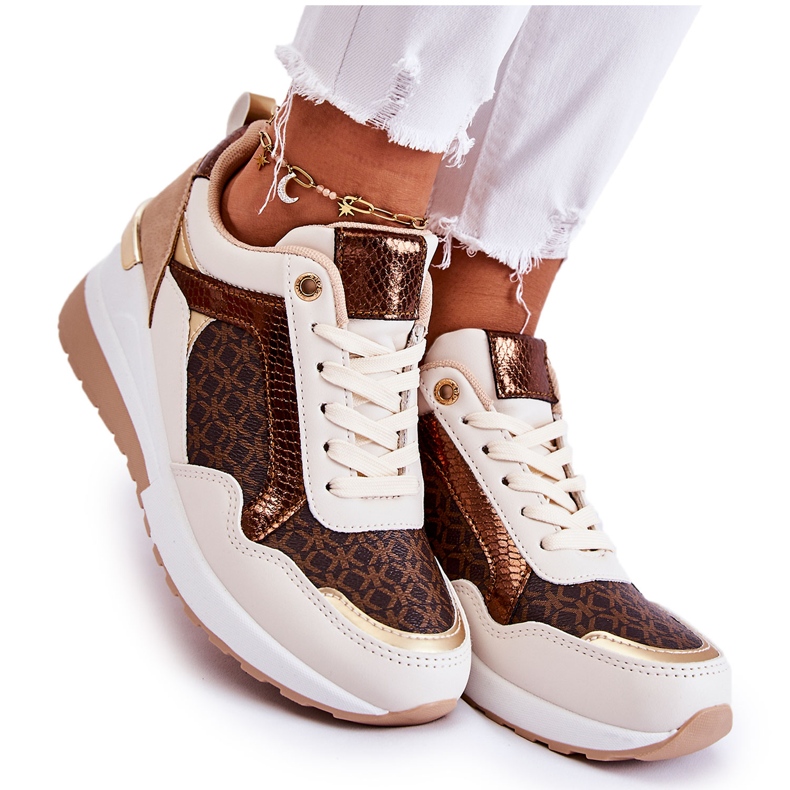 PG1 Ženska sportska obuća na klin, eko koža, bijelo-smeđa catrine bež zlatna