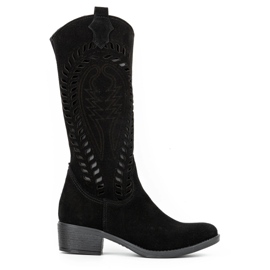 Olivier Ženske crne kožne ažur čizme Carla crna