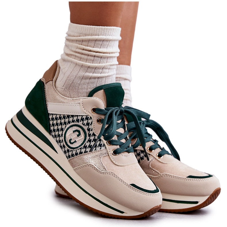 FB2 Modne ženske sportske cipele na klin bež-zelene Aronne