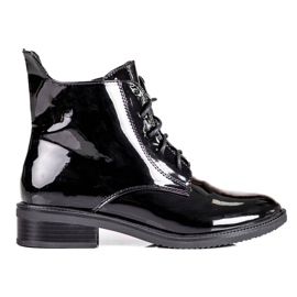 Elegantne ženske Shelovet čizme na vezanje od lakirane ekološke kože crna