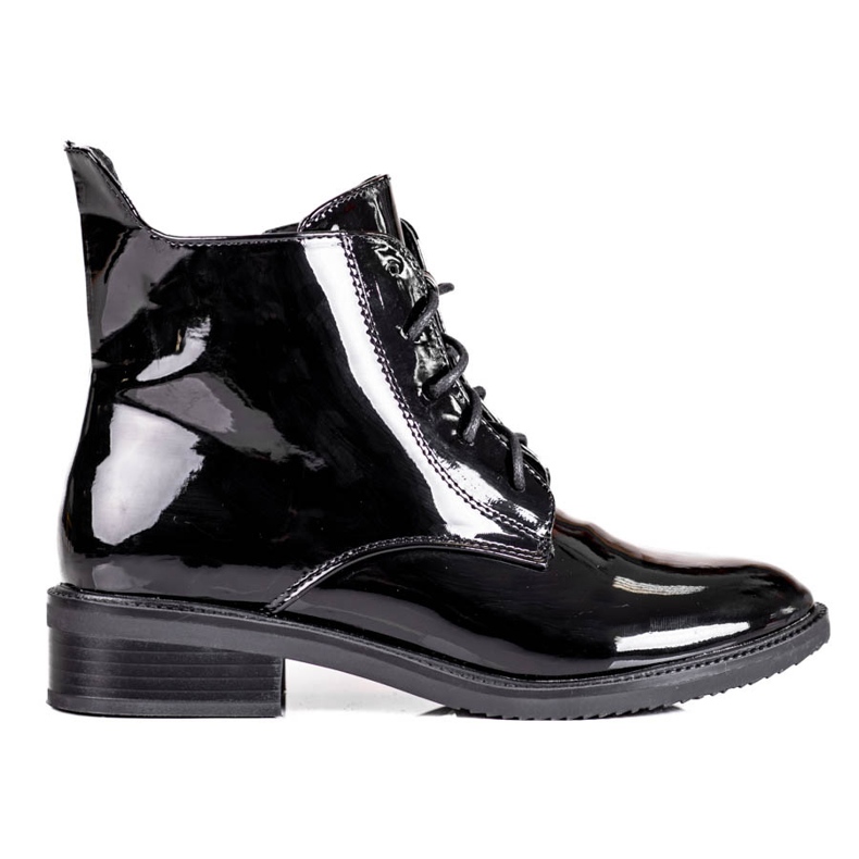 Elegantne ženske Shelovet čizme na vezanje od lakirane ekološke kože crno