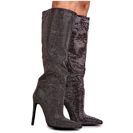 FS1 Moderne crne čizme na visoku petu s kubnim cirkonijem Lovisa crna srebro