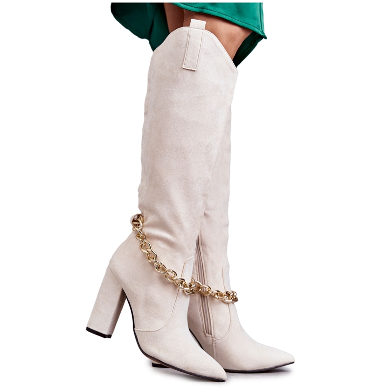 PG1 Ženske tople čizme od brušene kože s lancem svijetlo bež jasmin boje