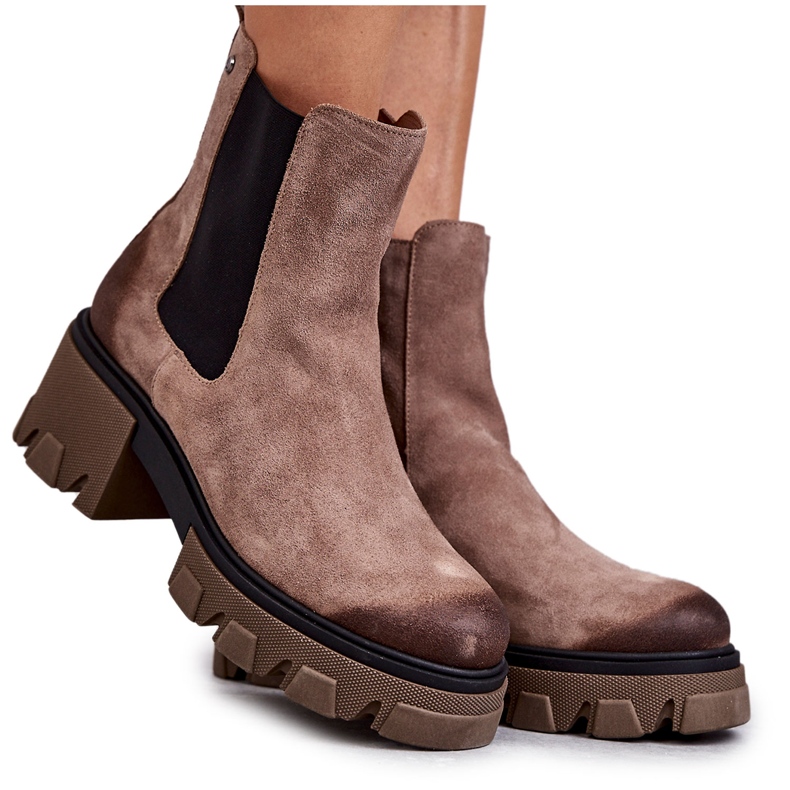 Ženske čizme s platformom od brušene kože, bež Hilde smeđa