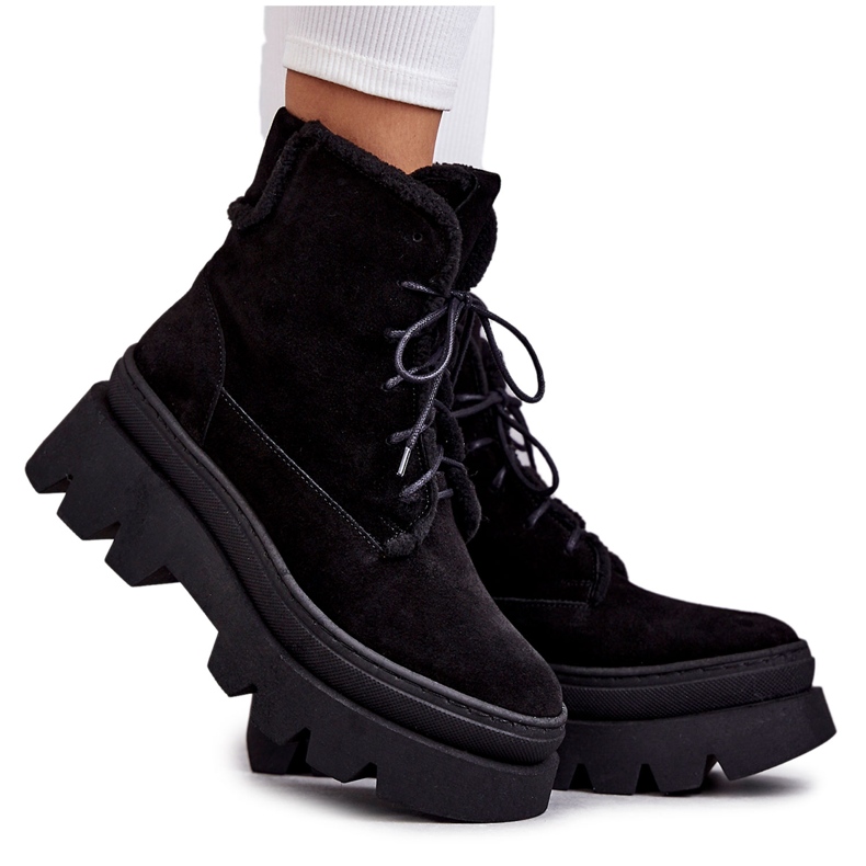 Tople čizme na vezanje od brušene kože crne Elisabeth crno