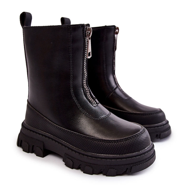 FR1 Moderne visoke kožne čizme s crnim neupadljivim patentnim zatvaračem crno