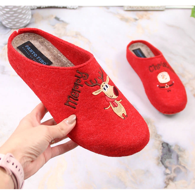 Udobne ženske papuče sa sobovima i snjegovićem Panto Fino KK267037 crvena