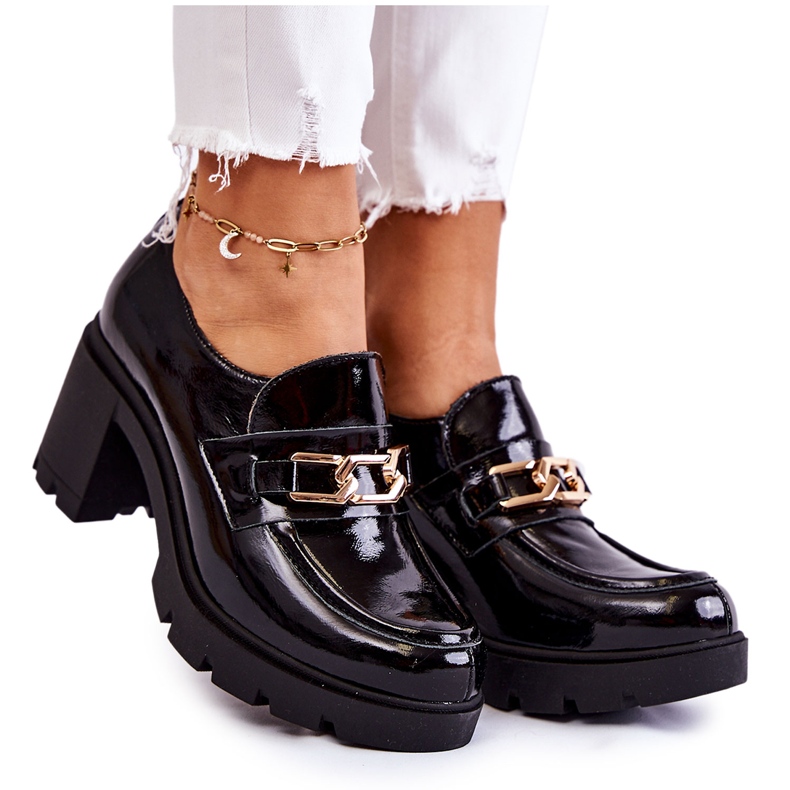 PL5 Lakirane crne cipele na stupu sa zlatnim ukrasom Mikeyla crno