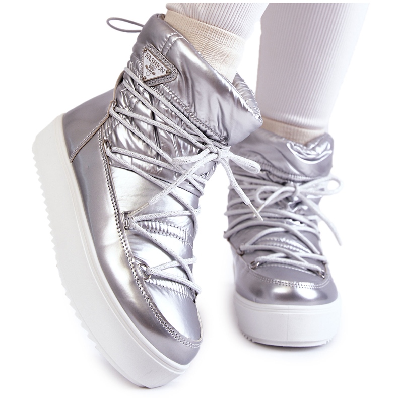 Modne ženske srebrne čizme za snijeg na vezanje srebro