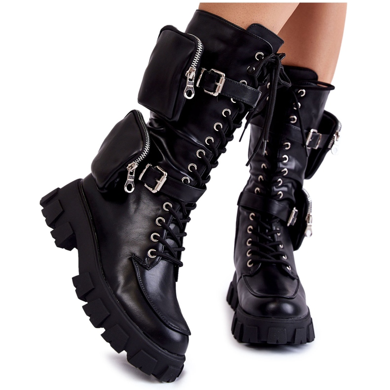 PG2 Ženske čizme na vezanje s bubrezima Black Mirrano crno