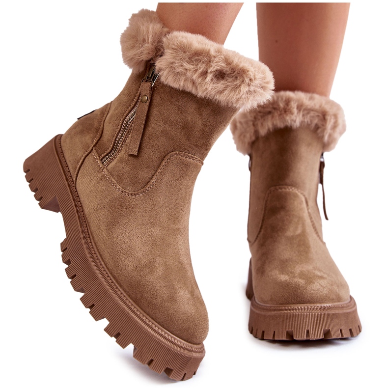 Vinceza Bež Rezan čizme od brušene kože s krznom i patentnim zatvaračem