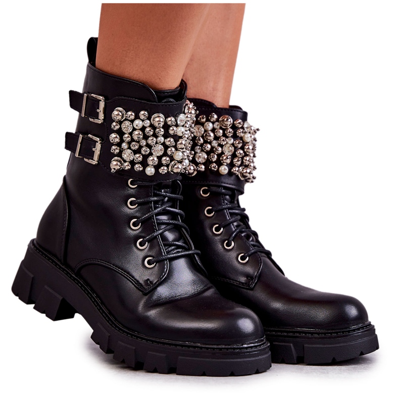 PG1 Ženske čizme s ornamentima na vezanje crne Leonese crno