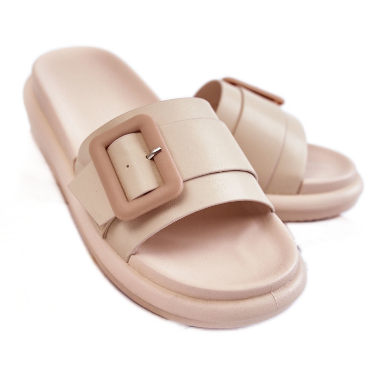 PA1 Ženske kožne papuče s kopčom Bež Devia