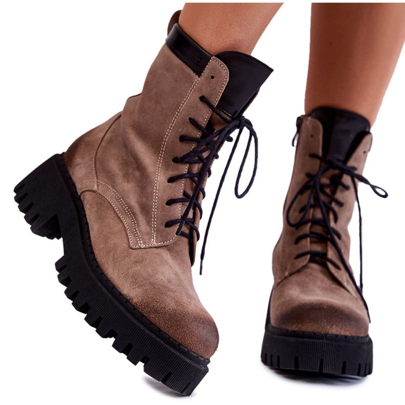 PL5 Klasične tople čizme od brušene kože smeđe Caima bež