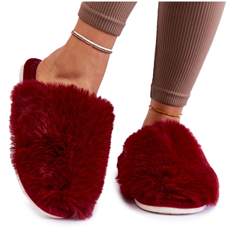 BM Ženske krznene papuče Maroon Sheryl crvena