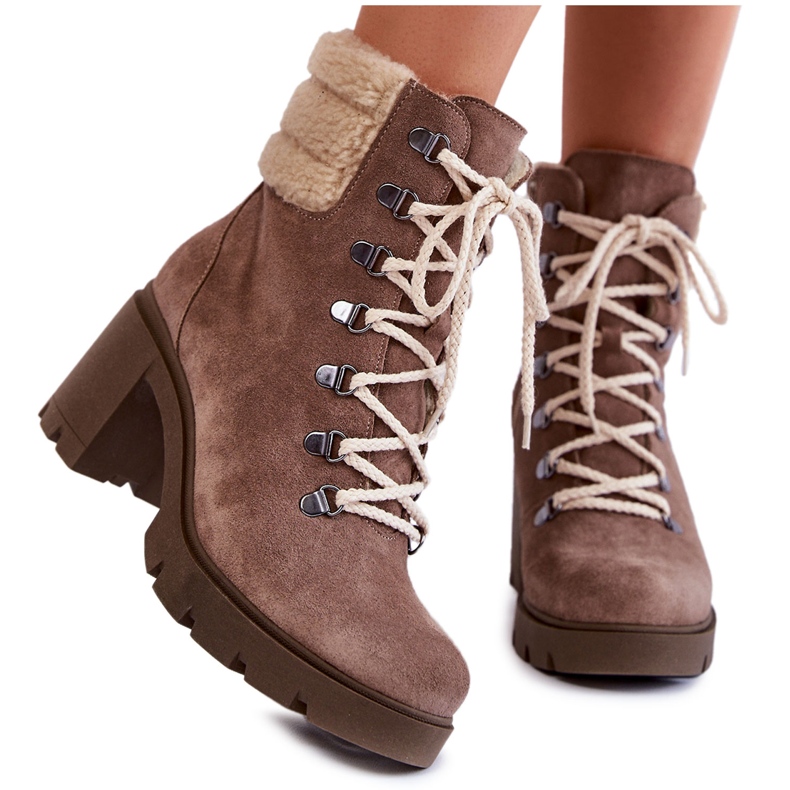 Ženske čizme od antilopa na vezanje na petu smeđe Fenya smeđa