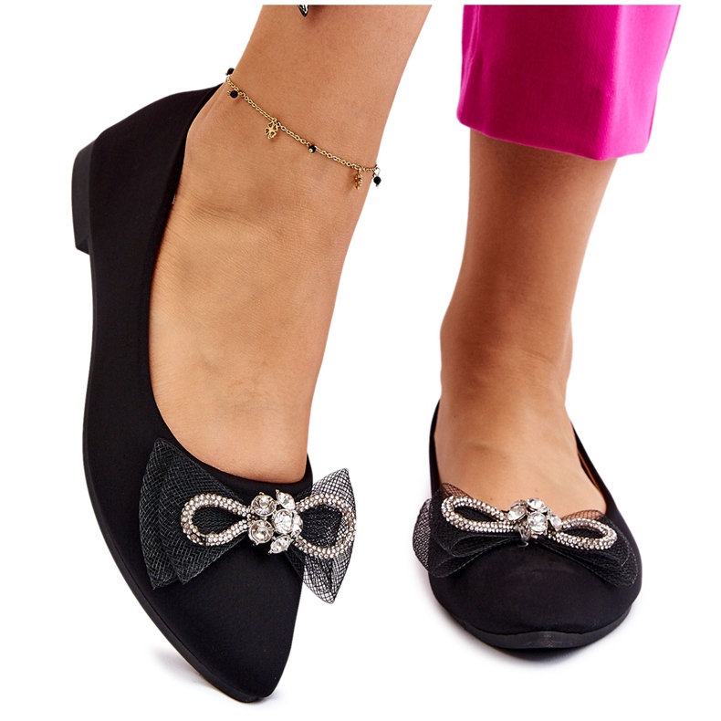 PS1 Ženske balerinke na špic s ukrasnom mašnom crne svjetleće crno