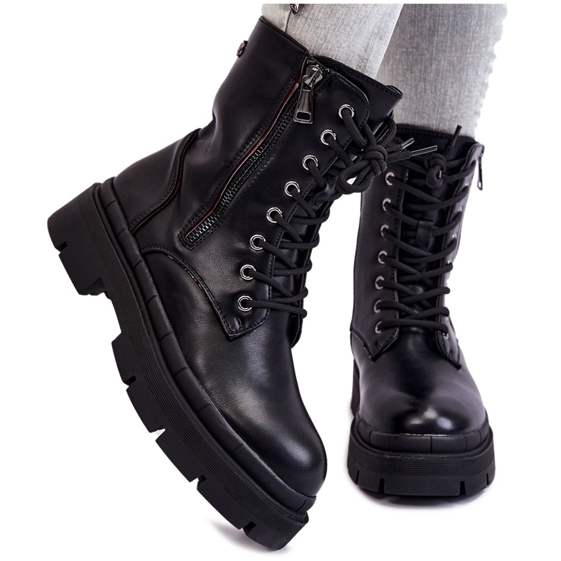 PG1 Ženske kožne Trapper čizme na vezanje crne Shanna crno