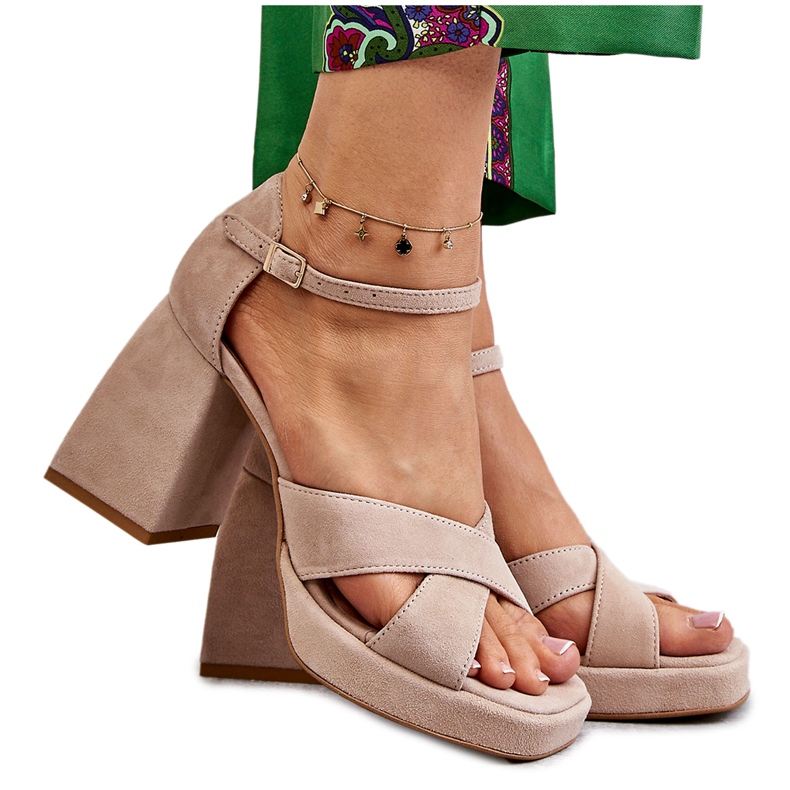 Lewski Shoes Ženske sandale od brušene kože s cipelama na lijevoj peti 3221 Bež smeđa