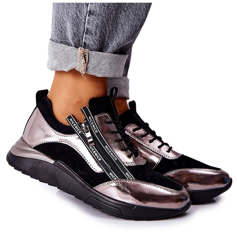 POTOCKI Kožne metalik sportske tenisice crne i srebrne crno