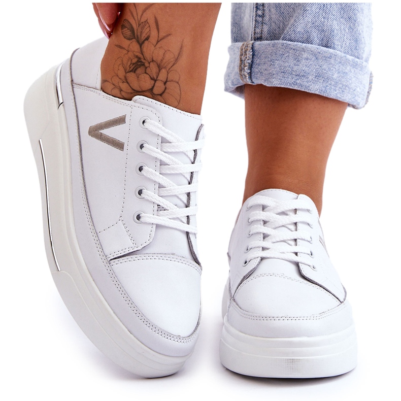 Vinceza Ženske kožne sportske cipele s platformom Bijeli Saul bijela