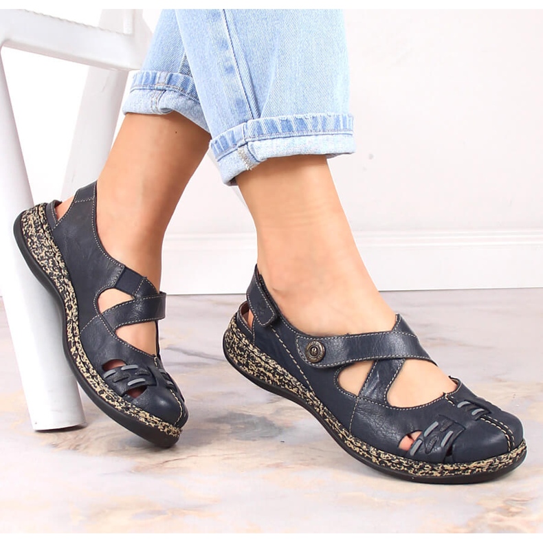 Kožne udobne ženske sandale na čičak tamnoplave Rieker 46377-14 plava