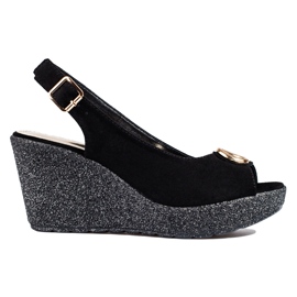 Ženske Shelovet crne sandale na klin od brušene kože crna