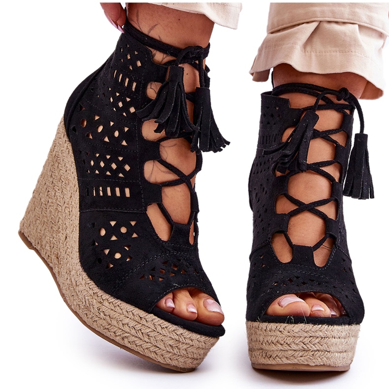 FB1 Ažurirane čizme na klin od brušene kože Crne Berthe crno