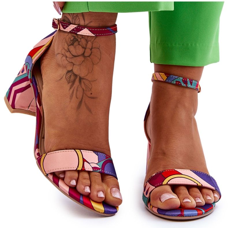 FB1 Ljubičaste i ružičaste satenske sandale s Quincy uzorkom na nisku petu ljubičasta ružičasta