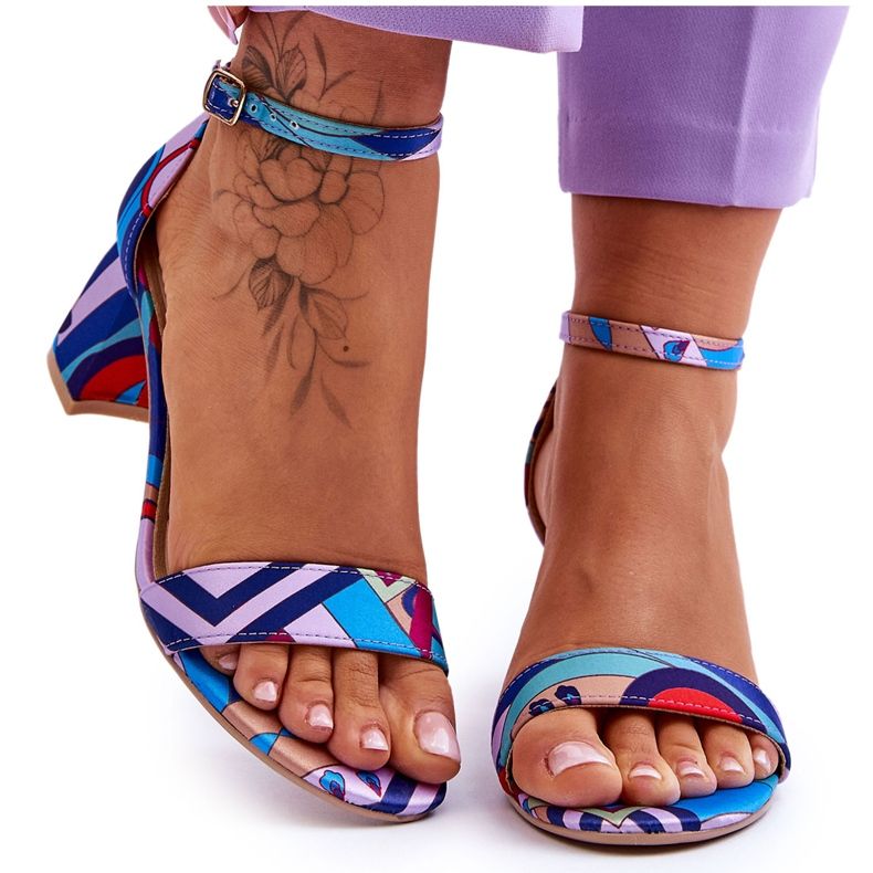 FB1 Satenske sandale na nisku petu s ljubičastim i Quincy plavim uzorkom ljubičasta plava