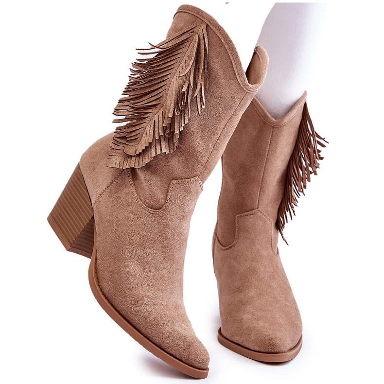 S.Barski Ženske niske kaubojske čizme od brušene kože s resama, bež