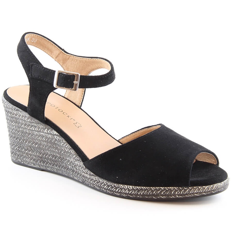 Ženske crne sandale na klin od brušene kože Potocki SZ12100 crno