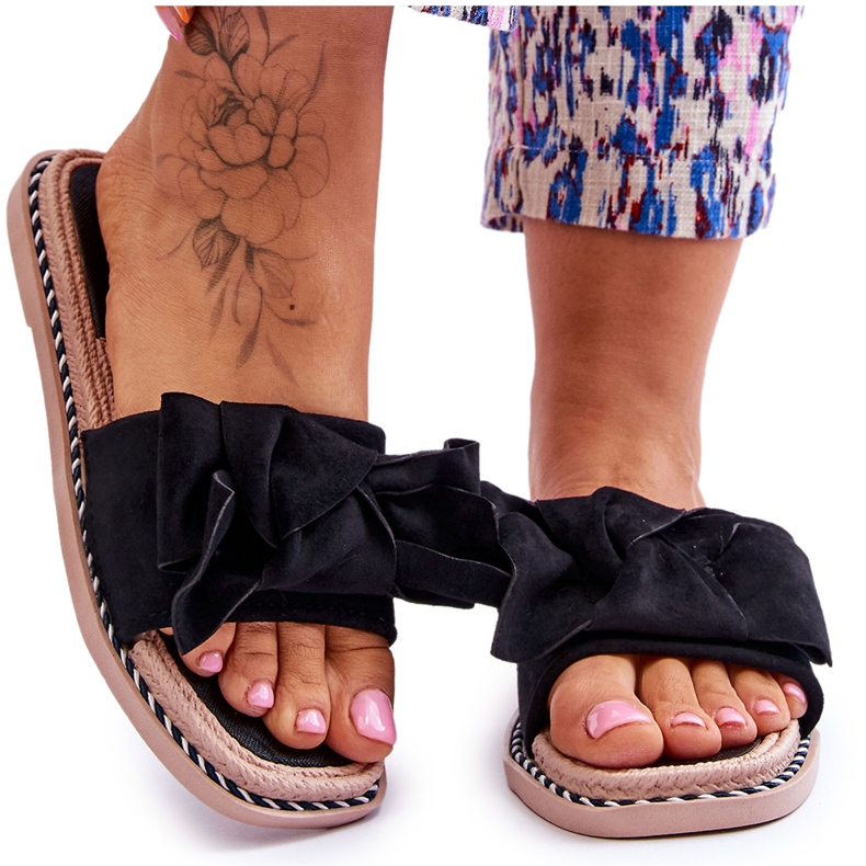 Ženske papuče od brušene kože s mašnom, crni jantar crno