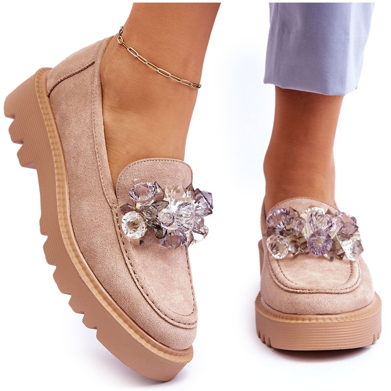 Vinceza Moderne mokasine od brušene kože s kristalima bež Demeris