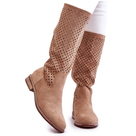 S.Barski Ženske ažurne čizme preko koljena od brušene kože bež savannah boje