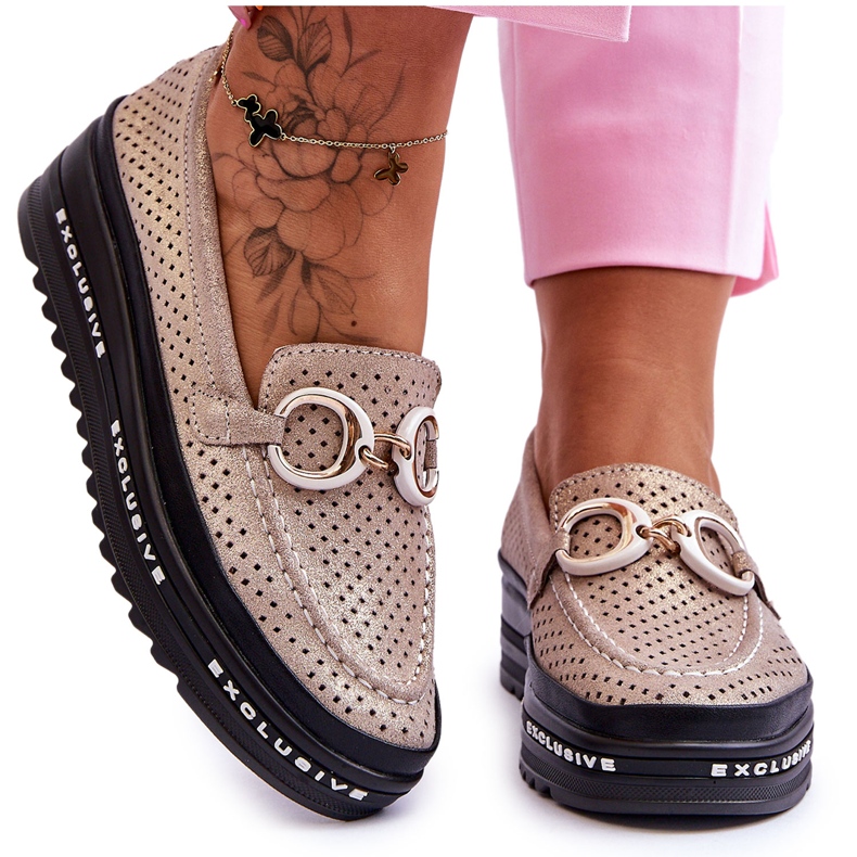 S.Barski Klasične ažurne kožne mokasine sa zlatnim Rendy ukrasom zlatna