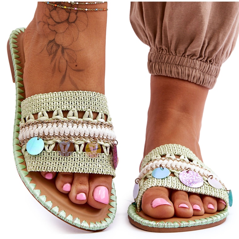 PS1 Ženske pletene ukrašene papuče Green Millano zelena