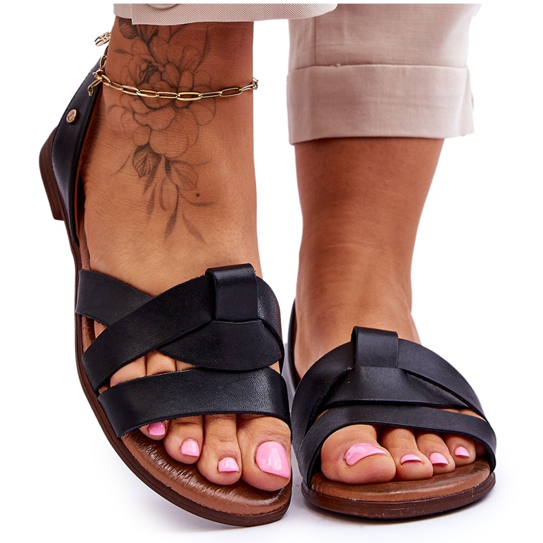 Zazoo Udobne crne Kayla kožne sandale s natikačama crno