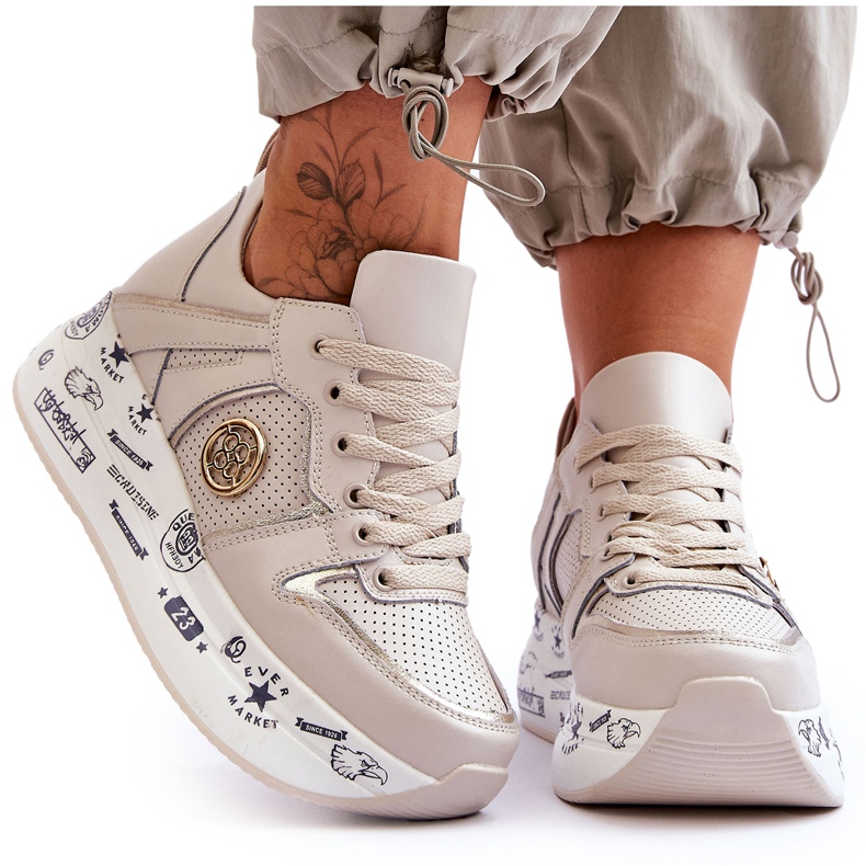 PE1 Ženske kožne tenisice na debelu platformu Bež Asturias